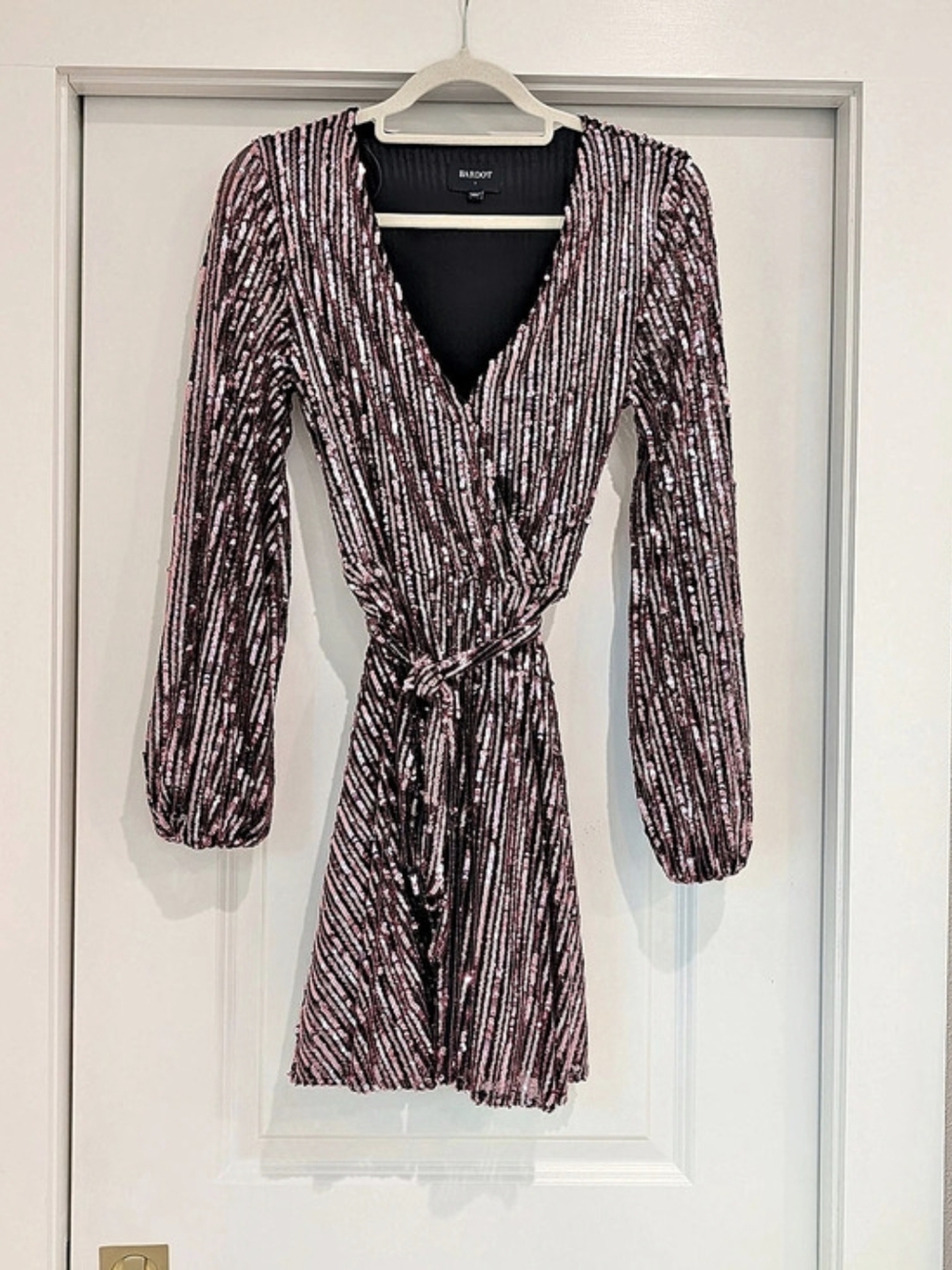 Bardot Stripe Sequin Bellissa Dress Pink & Black Size Small With Tie Like New